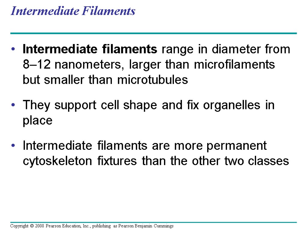 Intermediate Filaments Intermediate filaments range in diameter from 8–12 nanometers, larger than microfilaments but